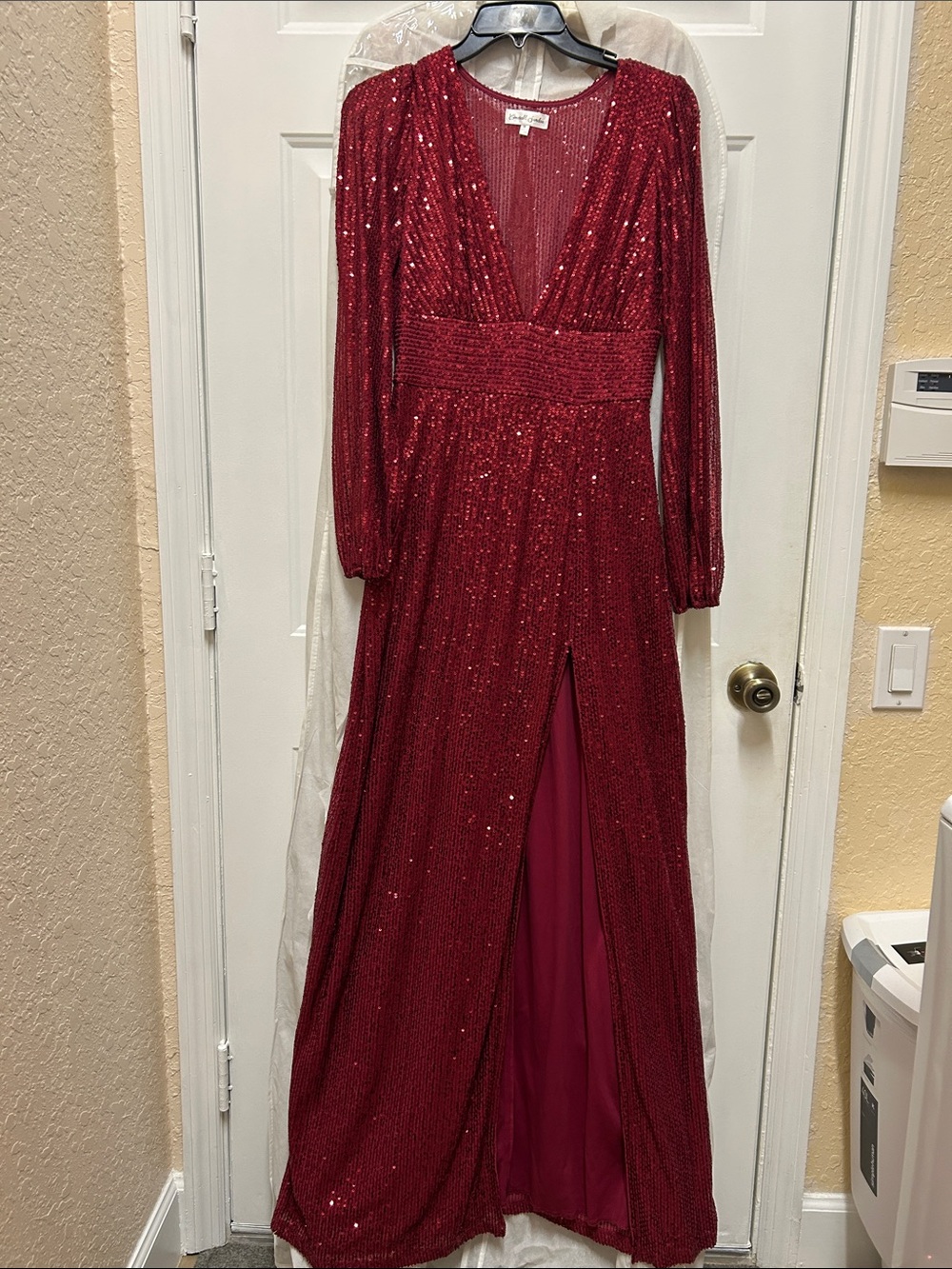 Emerald Sundae Burgundy Sequin V-Neck Long Sleeve Evening Gown